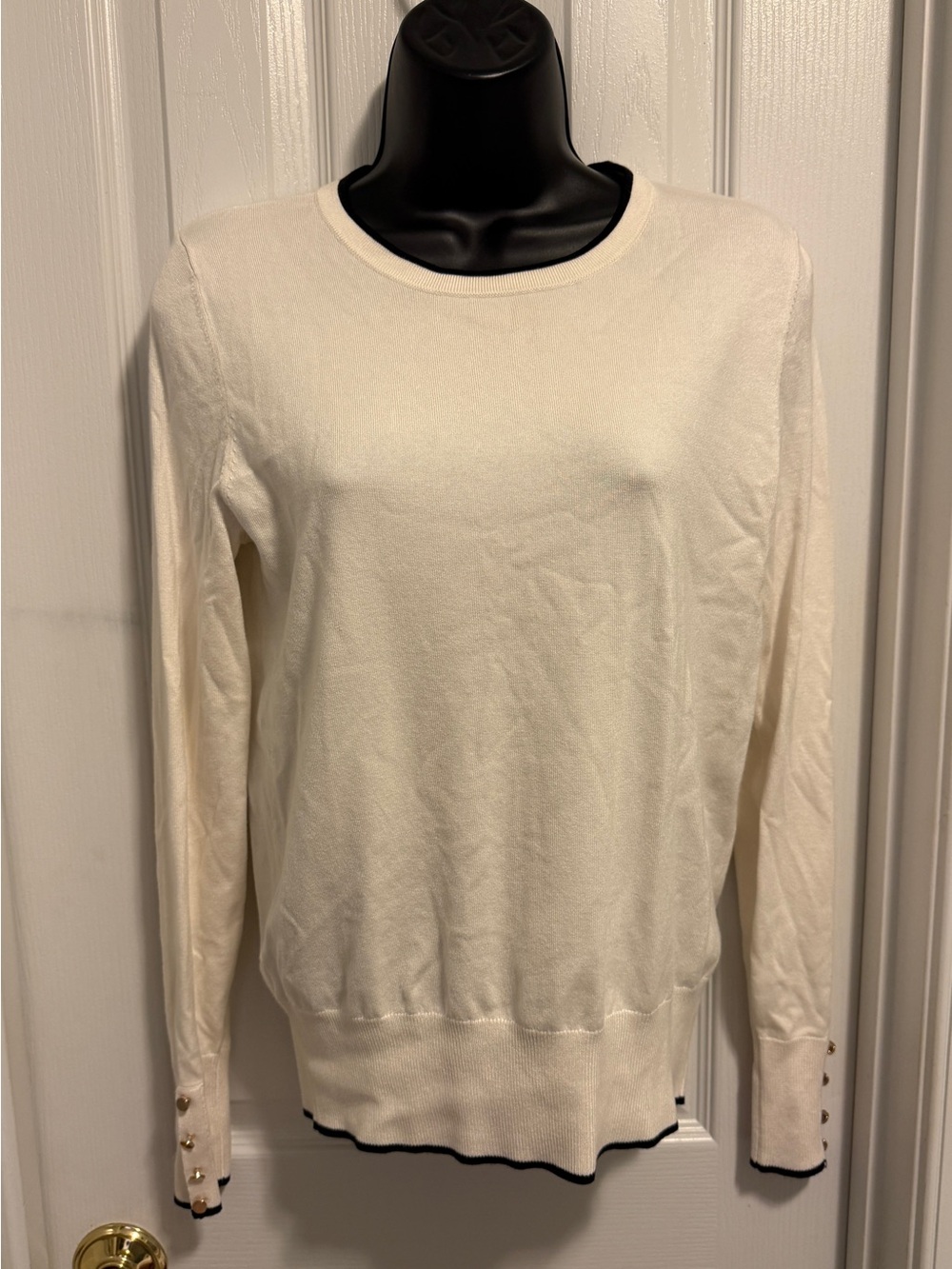 Ann Taylor Off White Sweater With Navy Outline/Gold Buttons